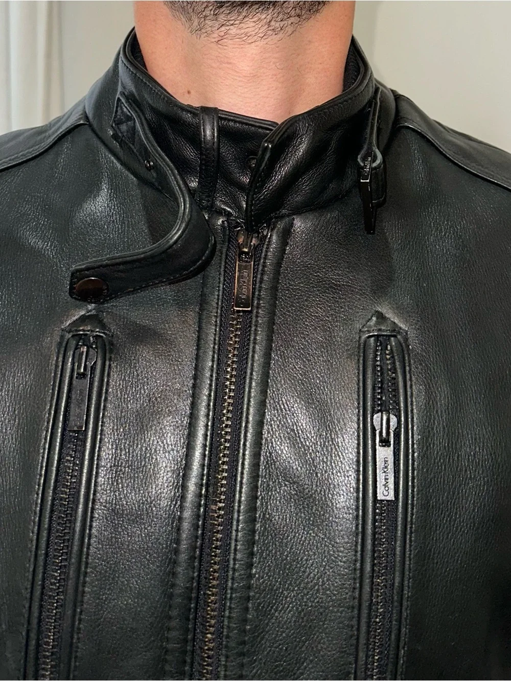 Men's Black Calvin Klein Leather Moto Jacket - Classic Biker Style